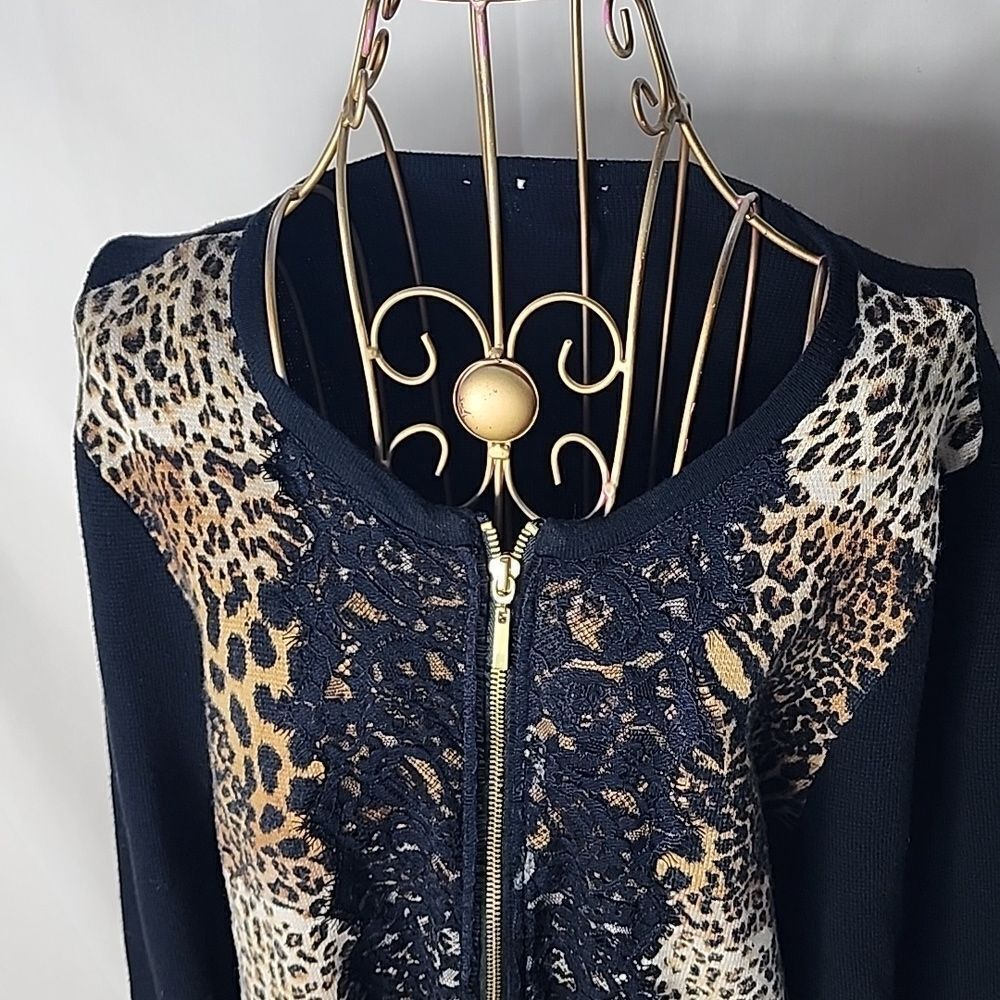 Leopard Cheetah L Print & Black Eyelash Fringe Lace Zippered Sweater Jacket
